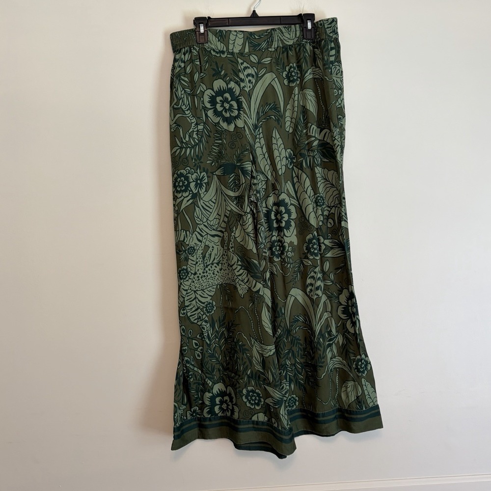Farm Rio Anthropologie Satin Printed Pants Wide Leg Green Monkey Leopard XL FLAW